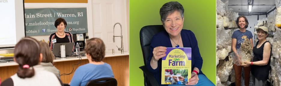 Myrna Greenfield presenting, with her farm marketing book, and visiting a food business